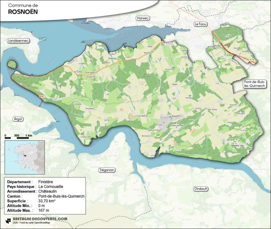 Carte de la commune de Rosnoën dans le Finistère.