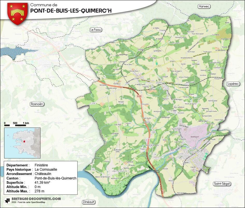 Carte de la commune de Pont-de-Buis-lès-Quimerc'h dans le Finistère.