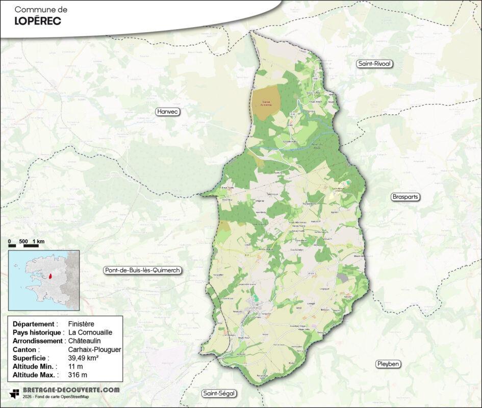 Carte de la commune de Lopérec dans le Finistère.