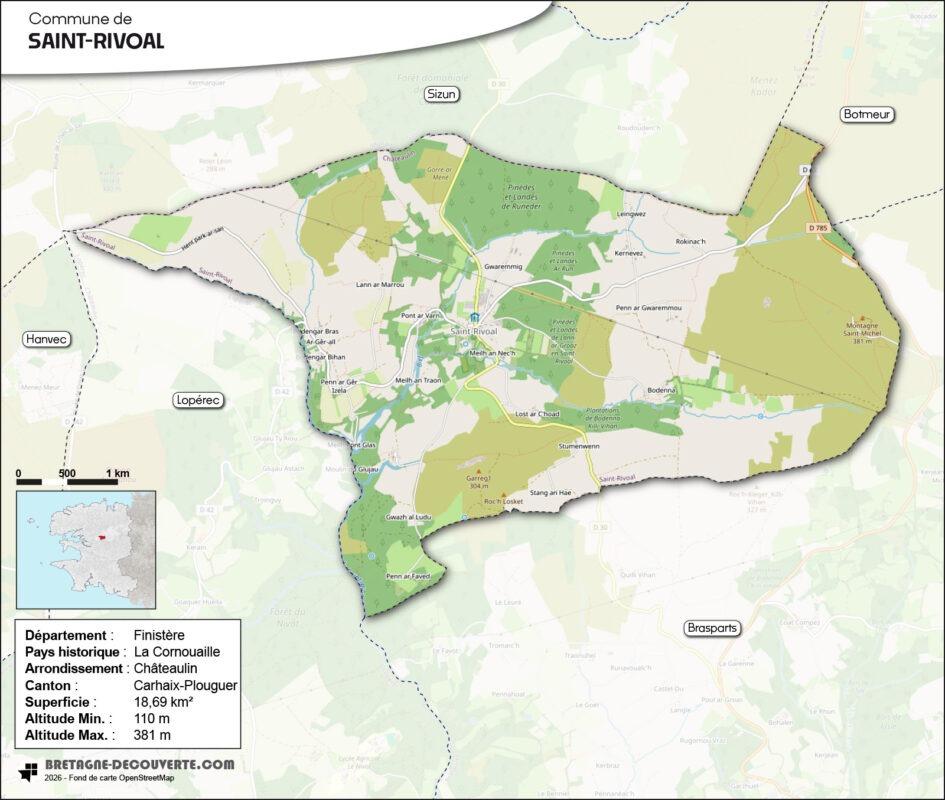 Carte de la commune de Saint-Rivoal dans le Finistère.