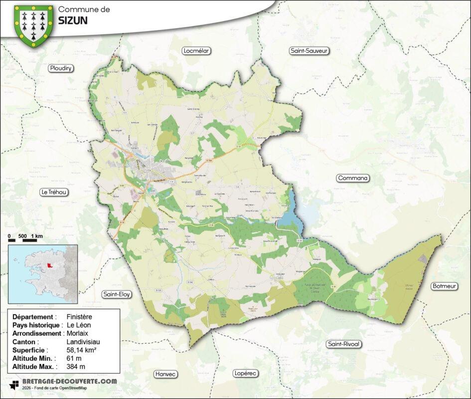 Carte de la commune de Sizun dans le Finistère.