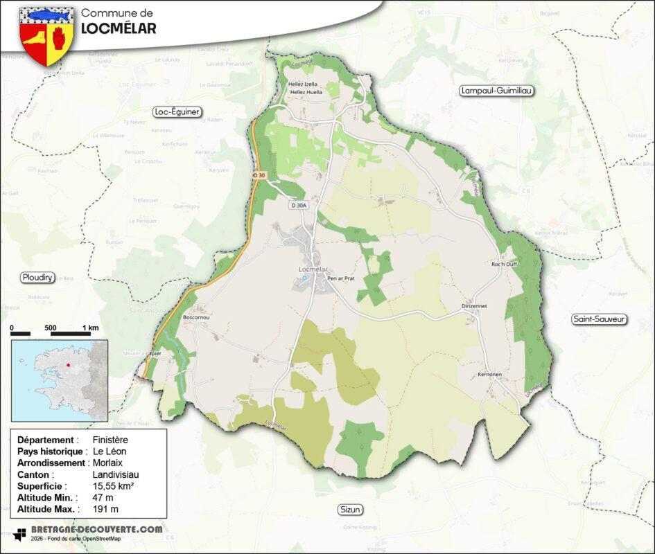Carte de la commune de Locmélar dans le Finistère.