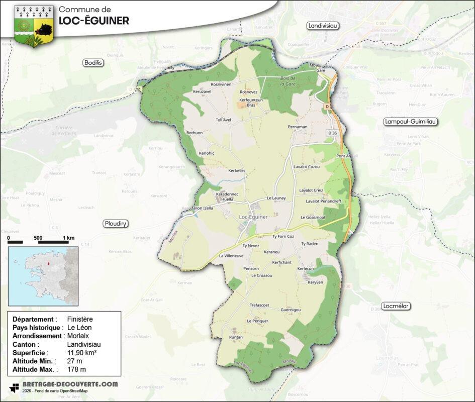 Carte de la commune de Loc-Éguiner dans le Finistère.