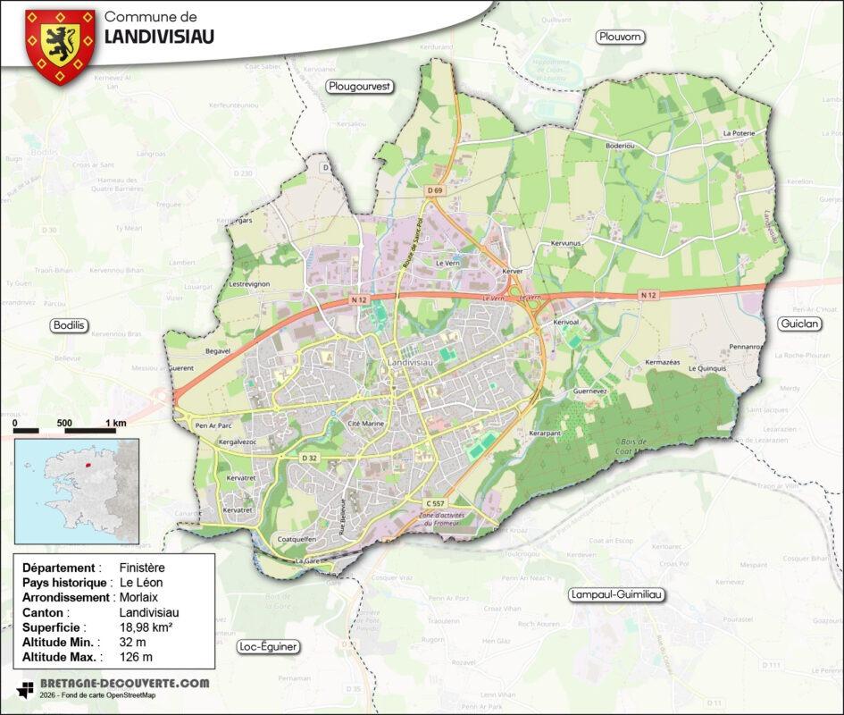 Carte de la commune de Landivisiau dans le Finistère.