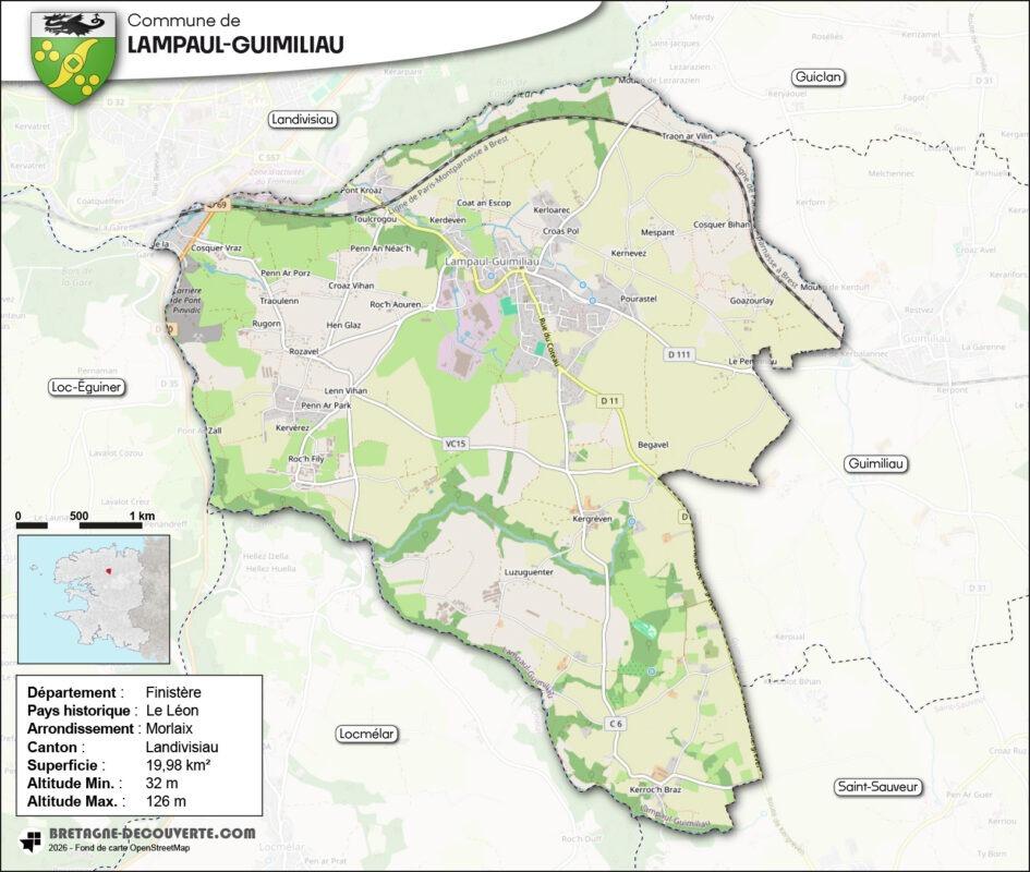 Carte de la commune de Lampaul-Guimiliau dans le Finistère.