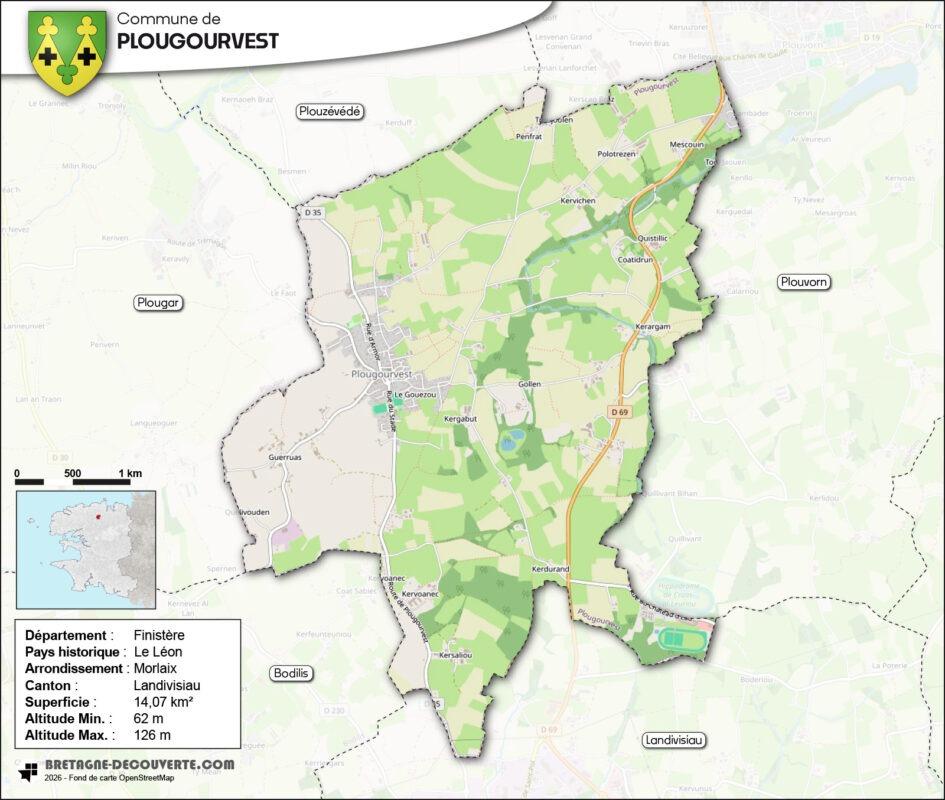 Carte de la commune de Plougourvest dans le Finistère.
