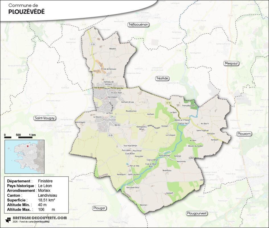 Carte de la commune de Plouzévédé dans le Finistère.