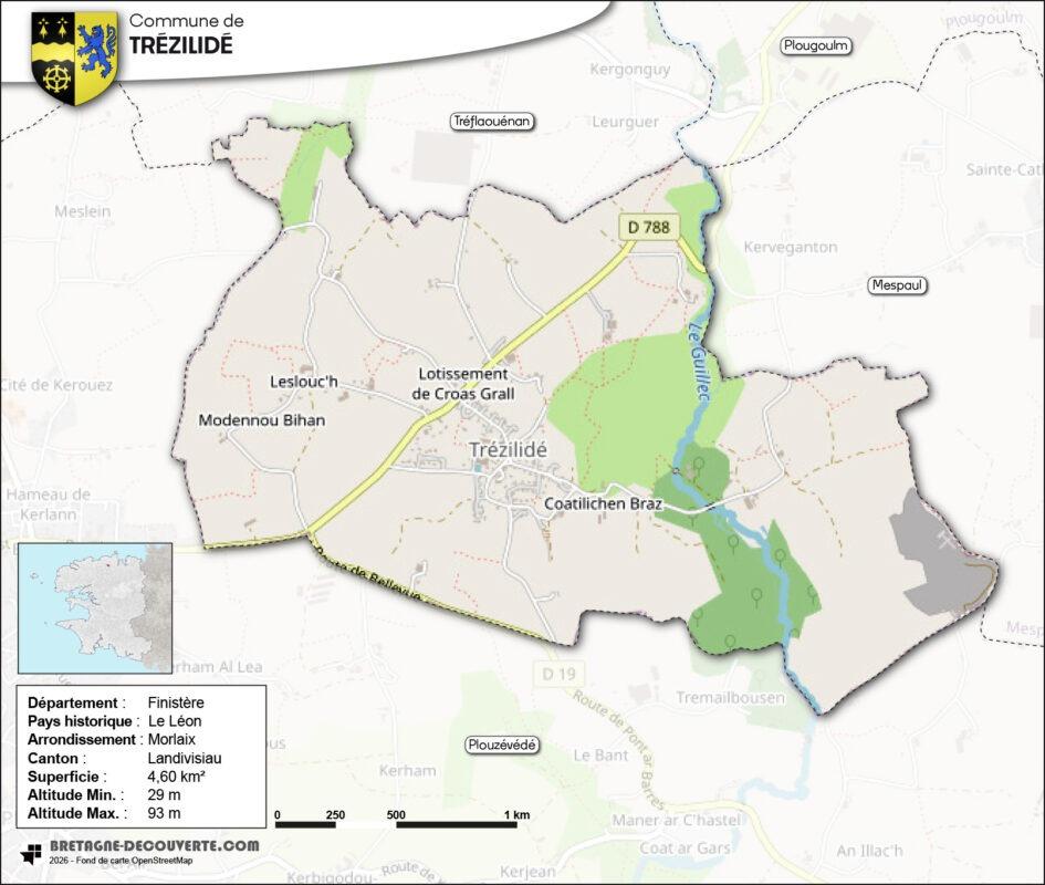 Carte de la commune de Trézilidé dans le Finistère.