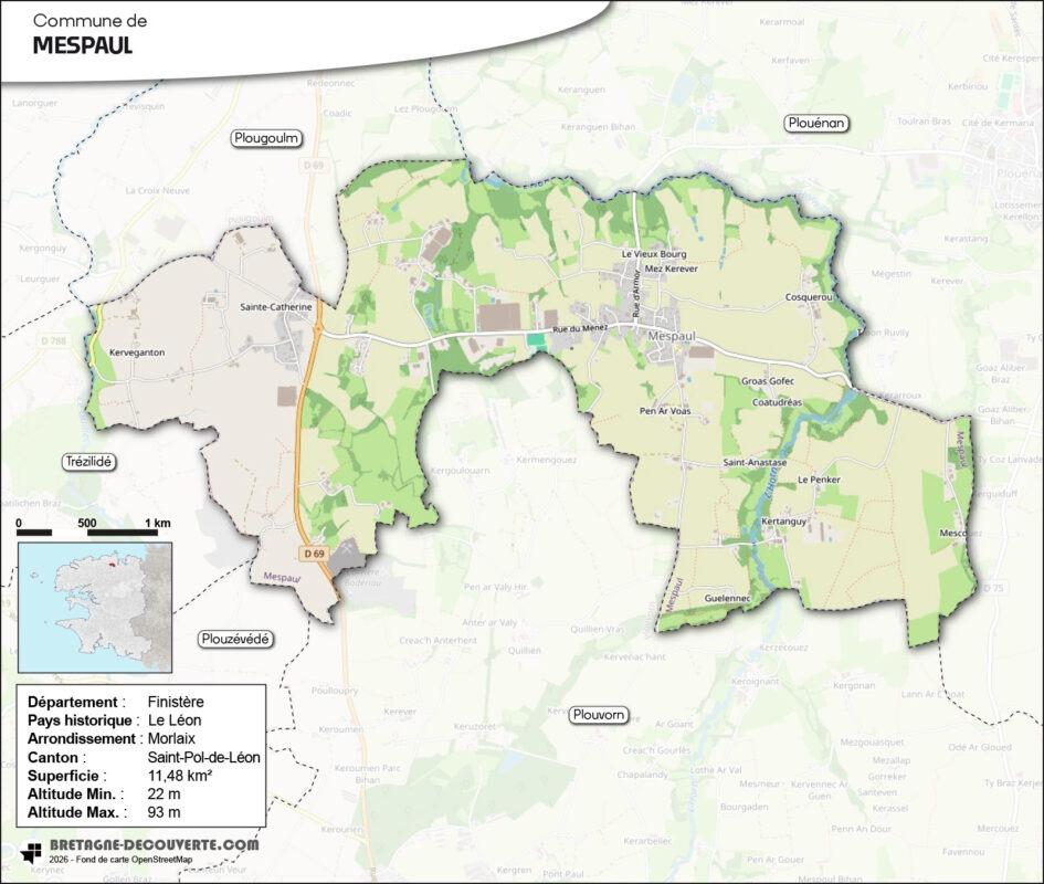 Carte de la commune de Mespaul dans le Finistère.