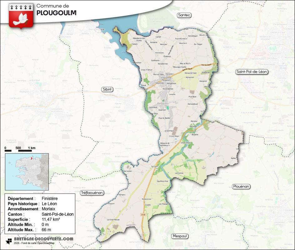 Carte de la commune de Plougoulm dans le Finistère.