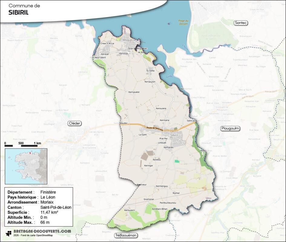 Carte de la commune de Sibiril dans le Finistère.