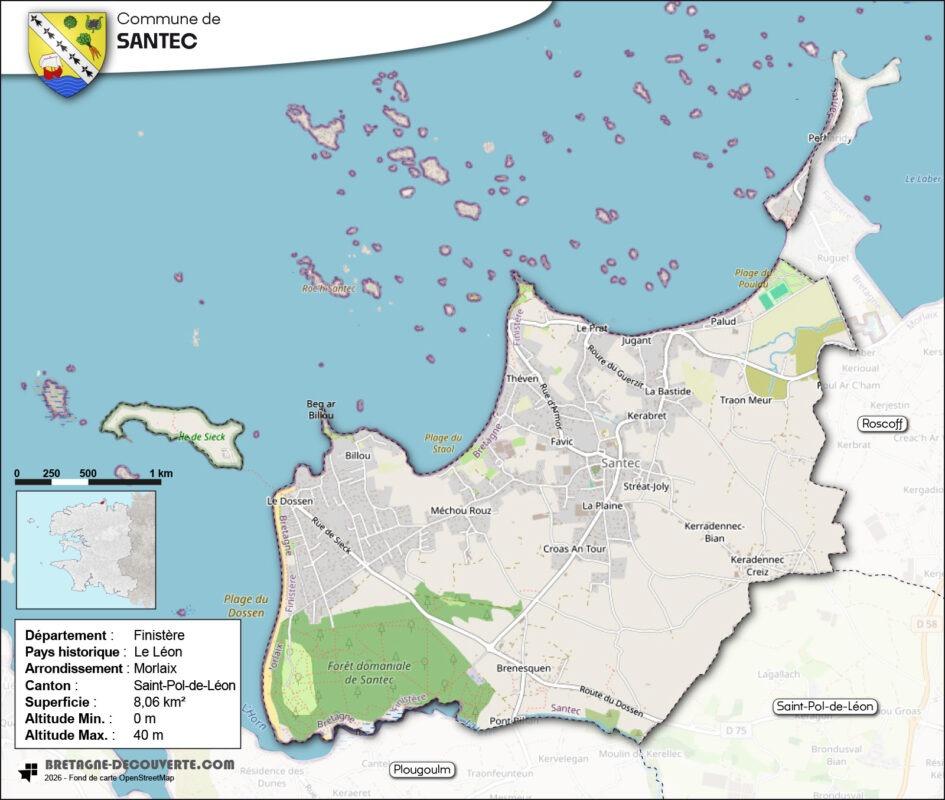 Carte de la commune de Santec dans le Finistère.