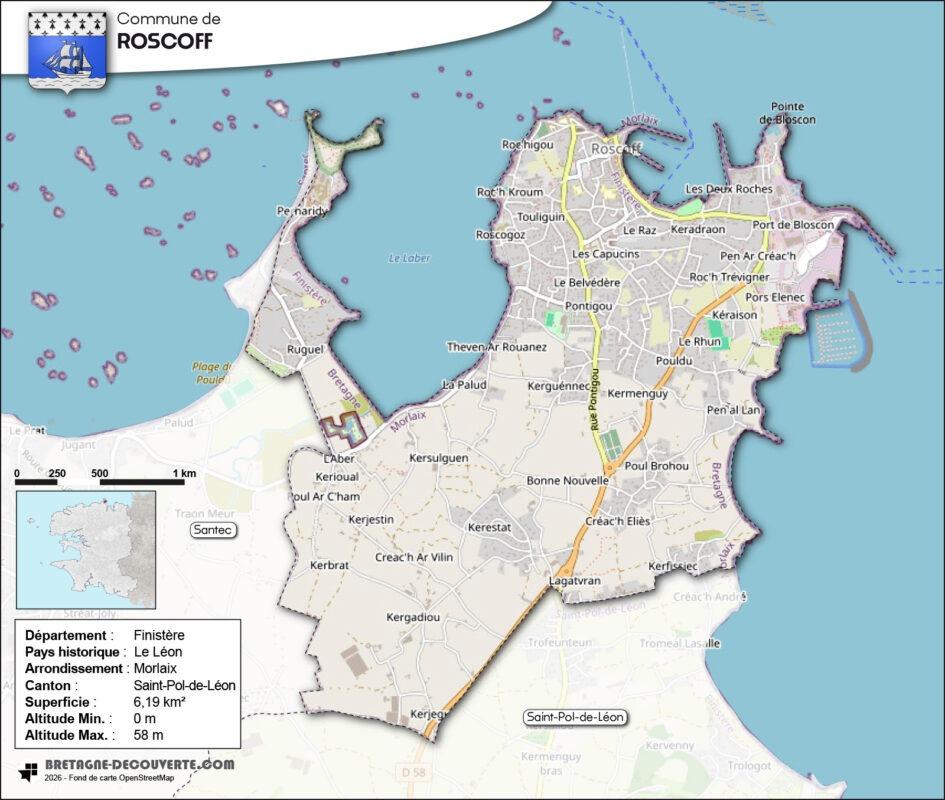 Carte de la commune de Roscoff dans le Finistère.