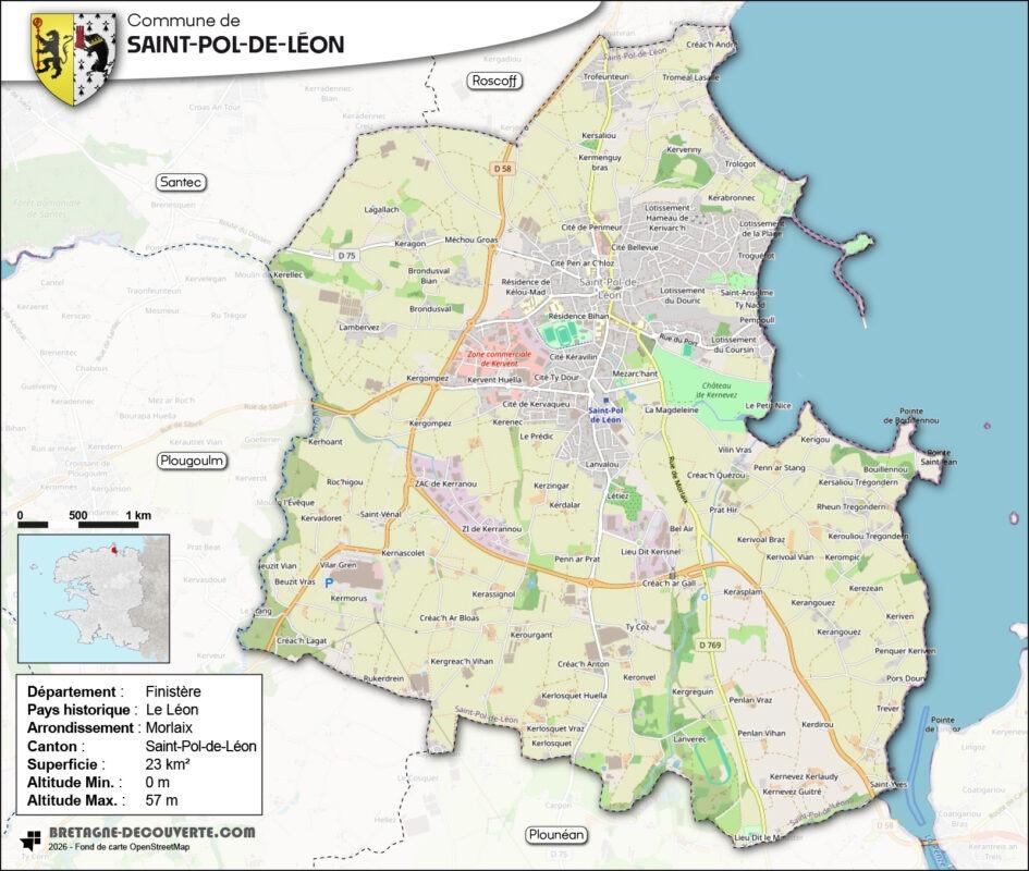Carte de la commune de Saint-Pol-de-Léon dans le Finistère.