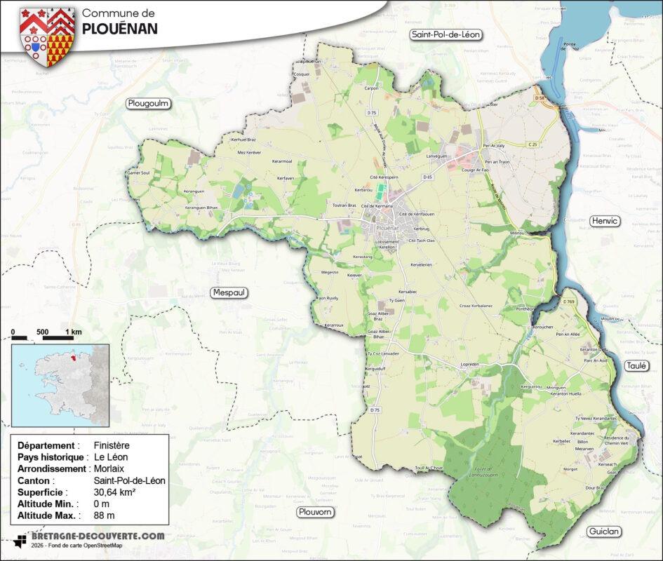 Carte de la commune de Plouénan dans le Finistère.