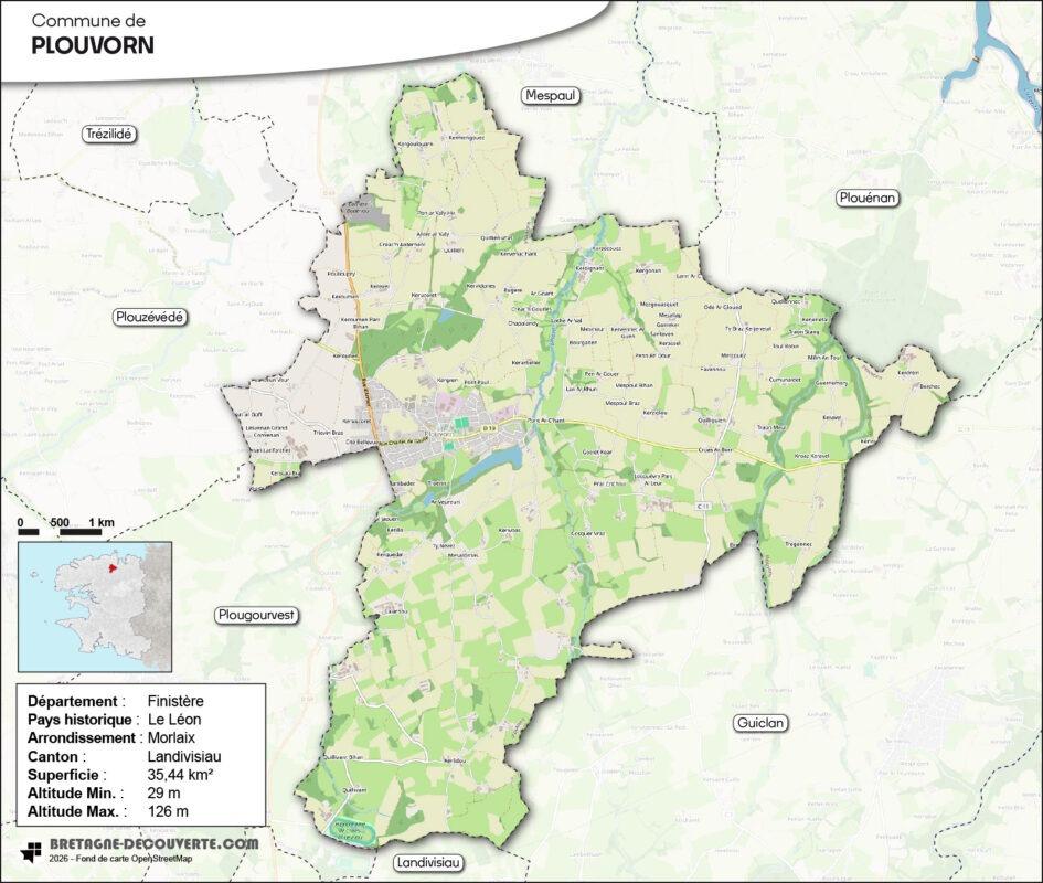 Carte de la commune de Plouvorn dans le Finistère.