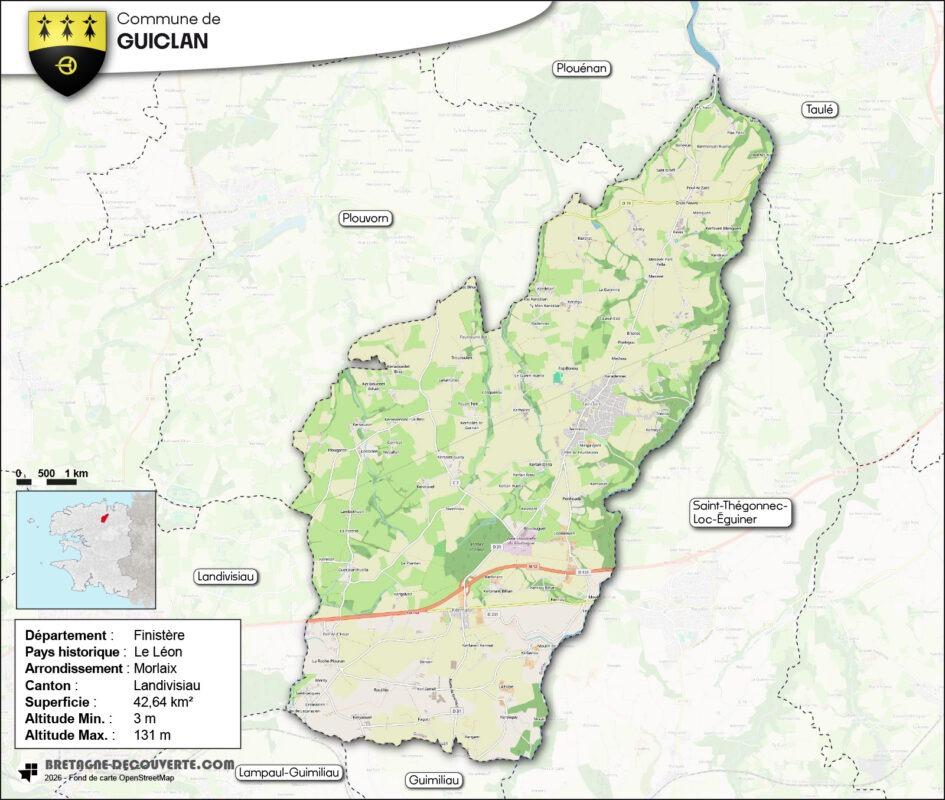 Carte de la commune de Guiclan dans le Finistère.