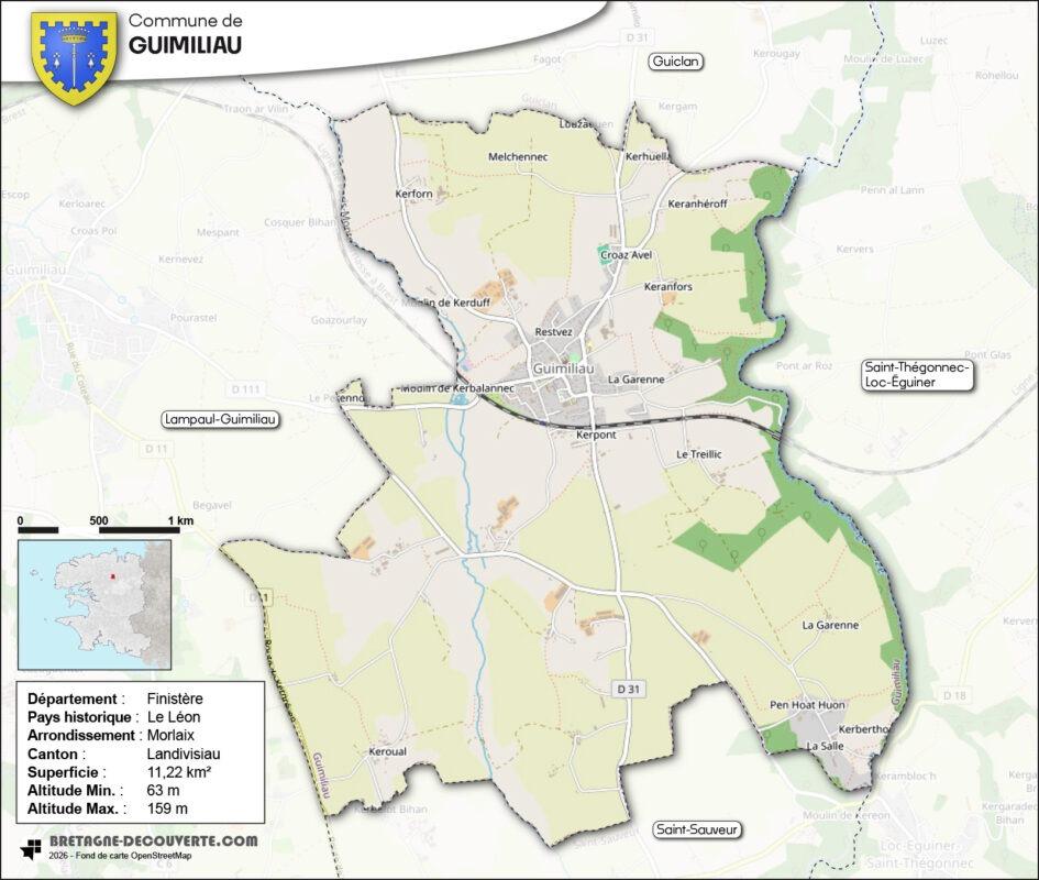 Carte de la commune de Guimiliau dans le Finistère.