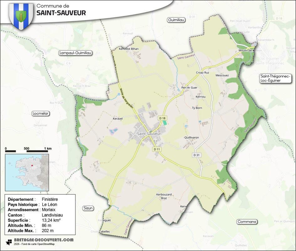 Carte de la commune de Saint-Sauveur dans le Finistère.