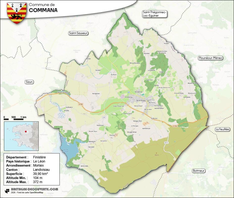 Carte de la commune de Commana dans le Finistère.