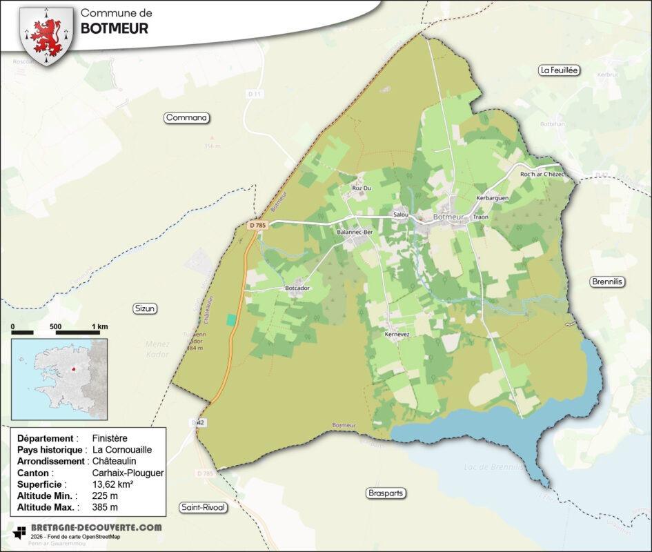 Carte de la commune de Botmeur dans le Finistère.