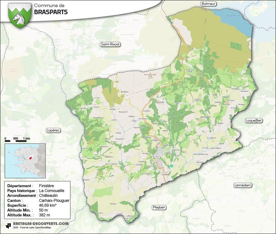 Carte de la commune de Brasparts dans le Finistère.