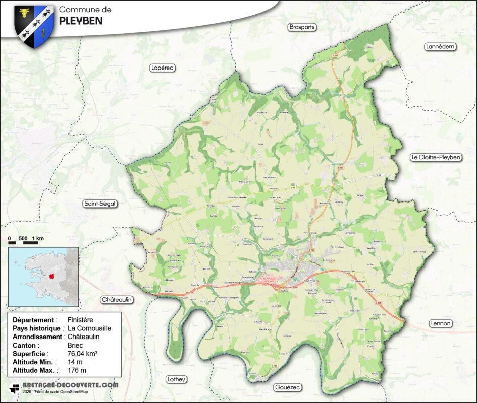 Carte de la commune de Pleyben dans le Finistère.