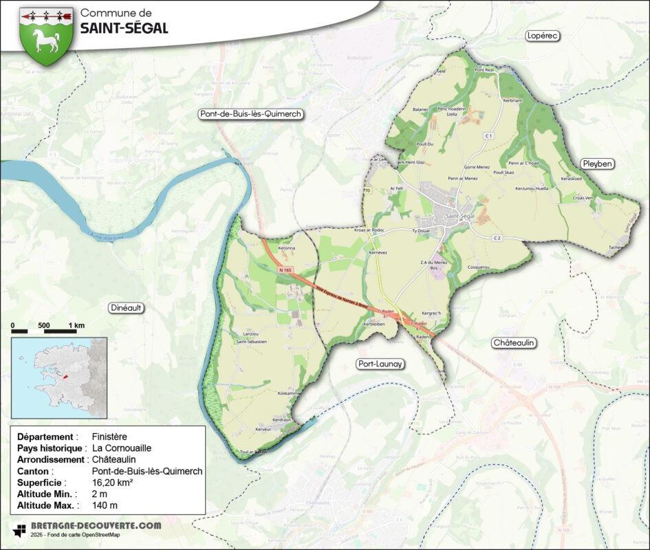 Carte de la commune de Saint-Ségal dans le Finistère.