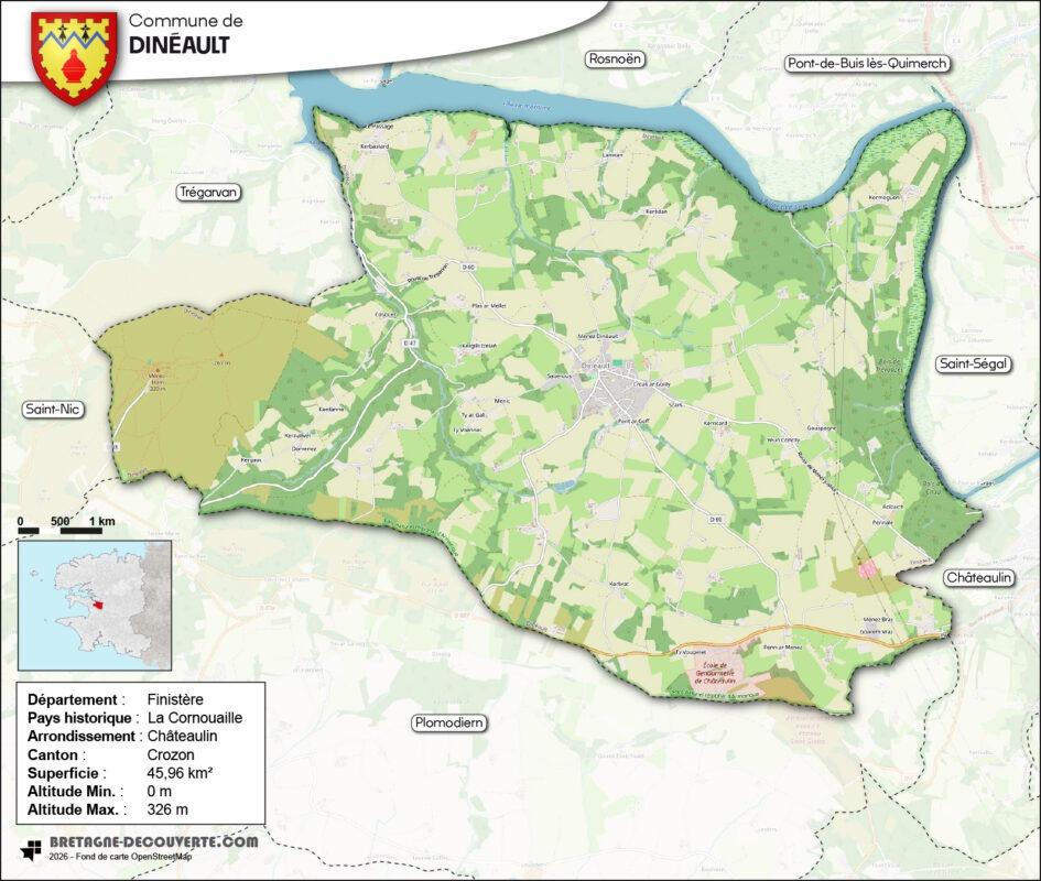 Carte de la commune de Dinéault dans le Finistère.