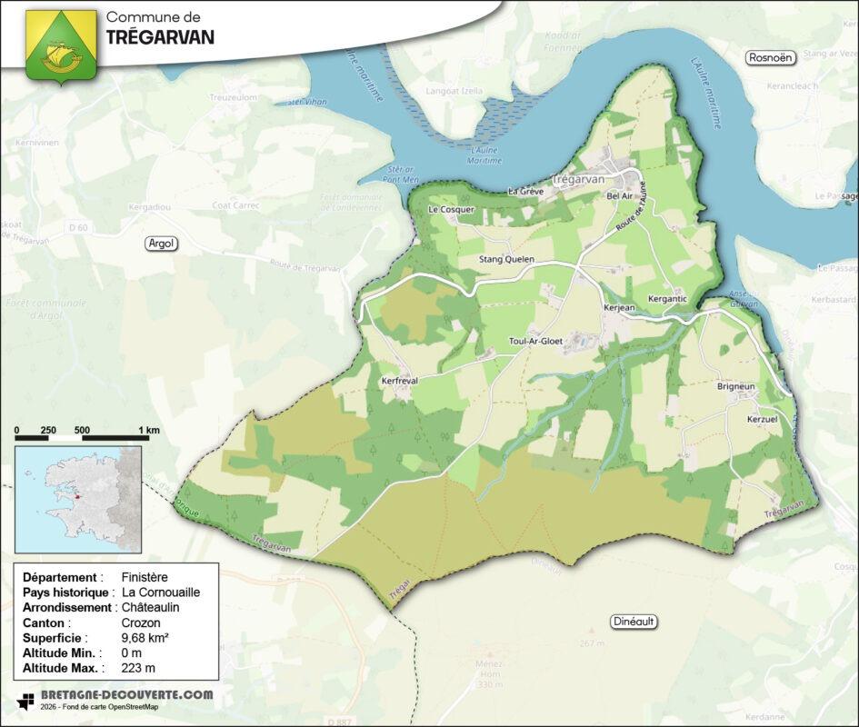 Carte de la commune de Trégarvan dans le Finistère.