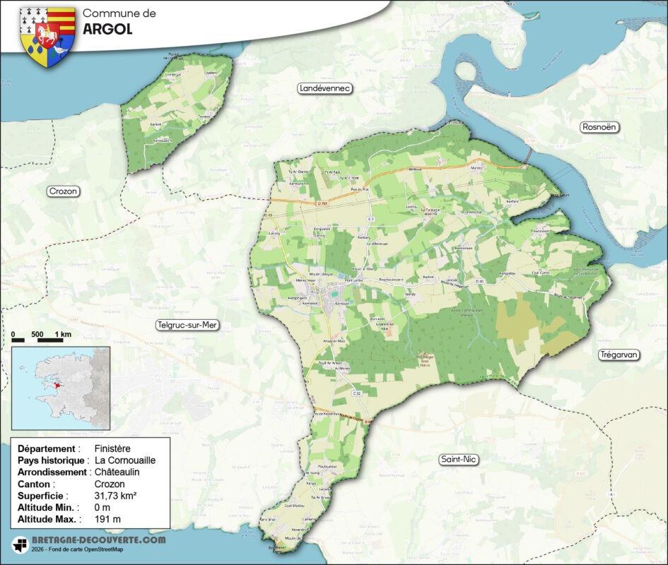 Carte de la commune d'Argol dans le Finistère.