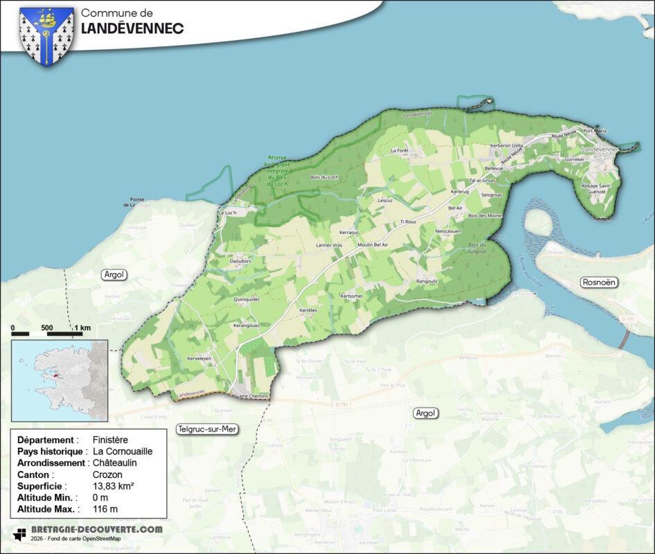 Carte de la commune de Landévennec dans le Finistère.