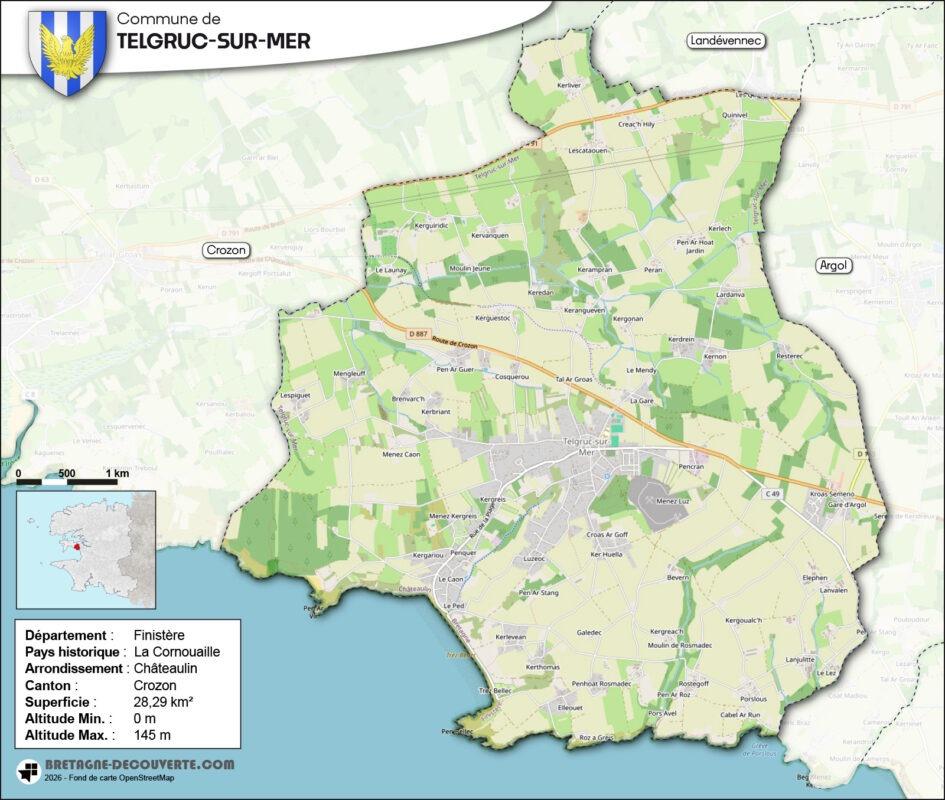 Carte de la commune de Telgruc-sur-Mer dans le Finistère.