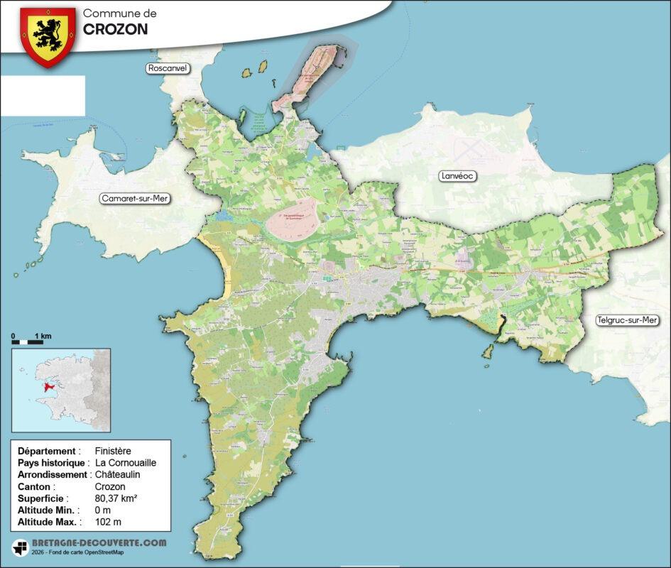 Carte de la commune de Crozon dans le Finistère.