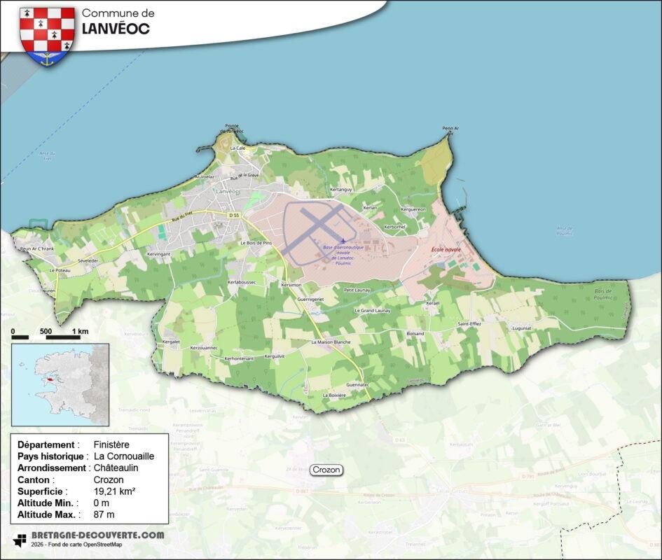 Carte de la commune de Lanvéoc dans le Finistère.