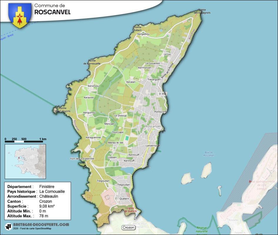 Carte de la commune de Roscanvel dans le Finistère.