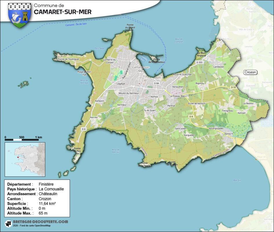 Carte de la commune de Camaret-sur-Mer dans le Finistère.