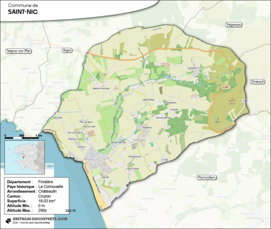 Carte de la commune de Saint-Nic dans le Finistère.