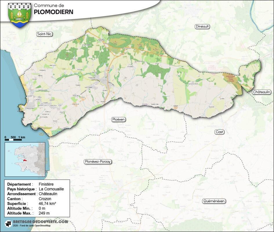 Carte de la commune de Plomodiern dans le Finistère.