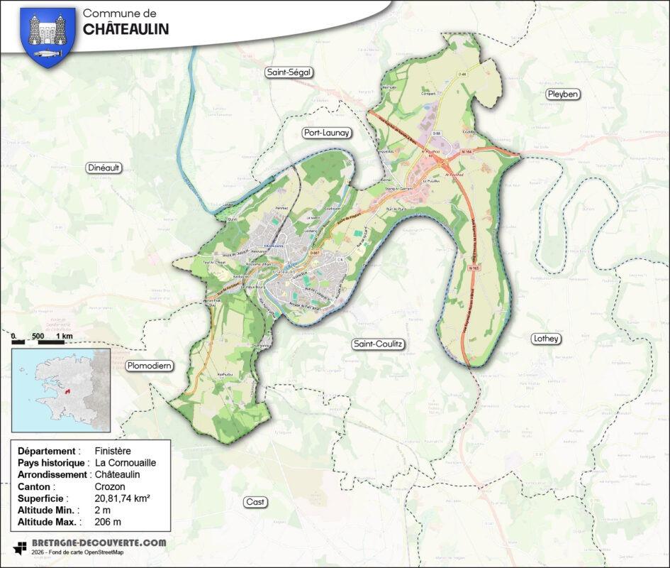 Carte de la commune de Châteaulin dans le Finistère.