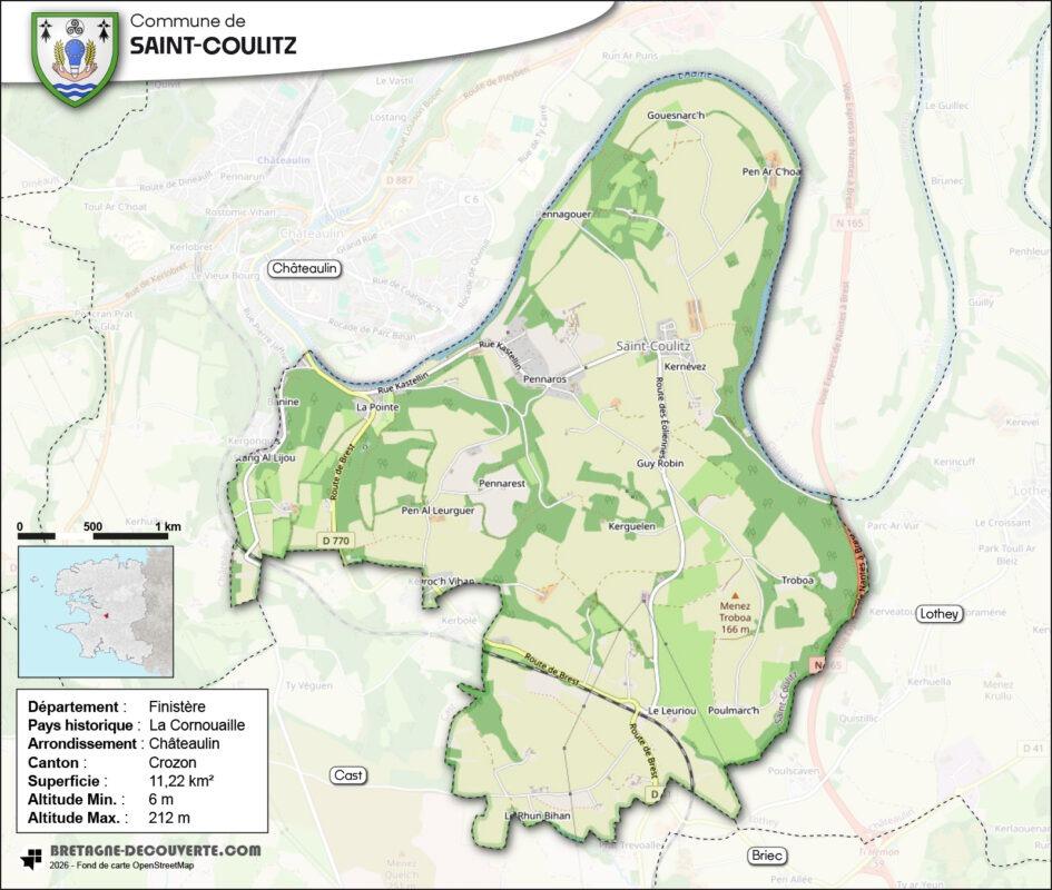 Carte de la commune de Saint-Coulitz dans le Finistère.