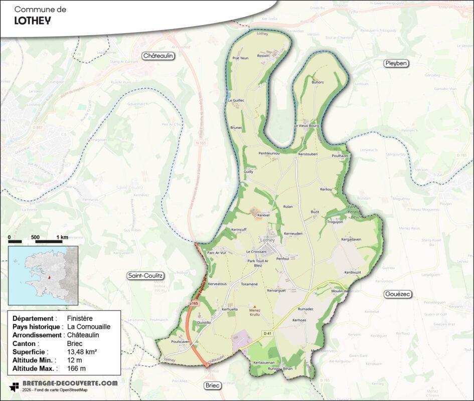Carte de la commune de Lothey dans le Finistère.