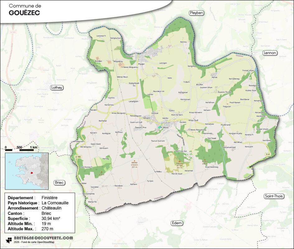 Carte de la commune de Gouézec dans le Finistère.