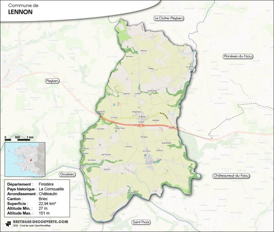 Carte de la commune de Lennon dans le Finistère.