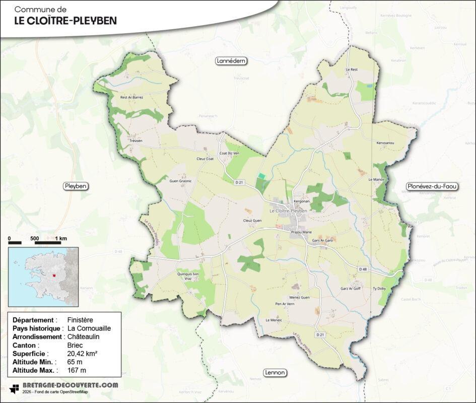 Carte de la commune du Cloître-Pleyben dans le Finistère.