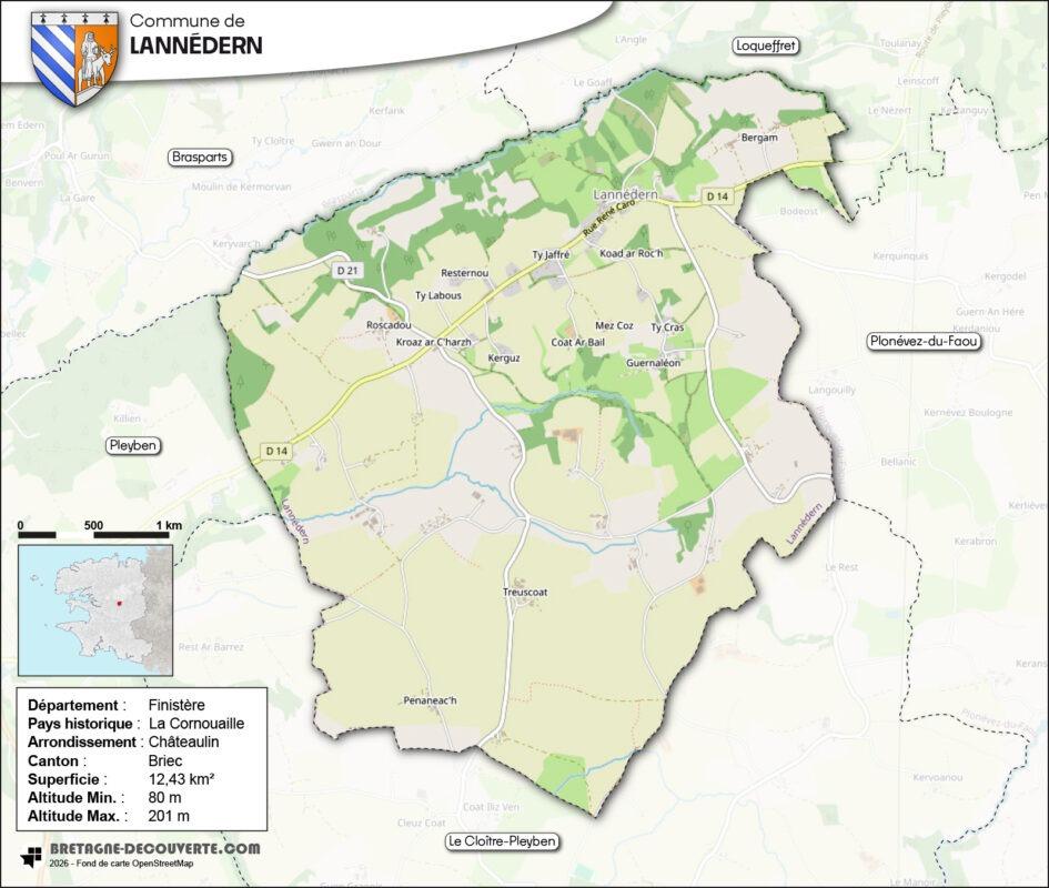 Carte de la commune de Lannédern dans le Finistère.