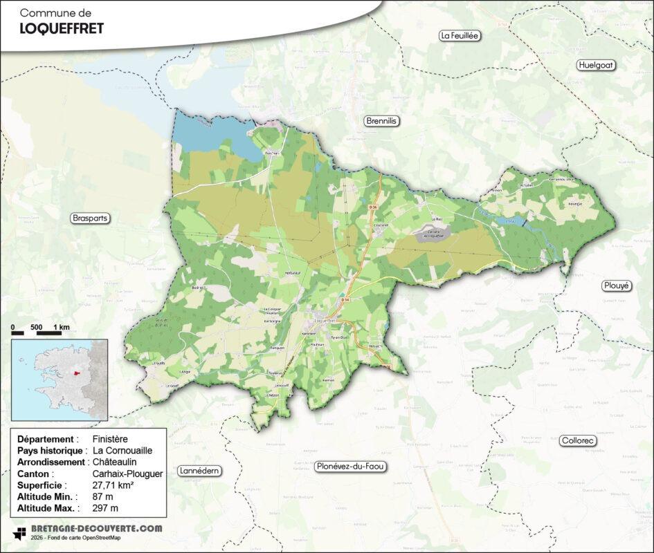 Carte de la commune de Loqueffret dans le Finistère.