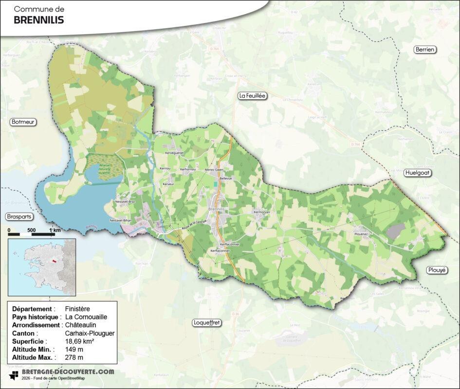 Carte de la commune de Brennilis dans le Finistère.