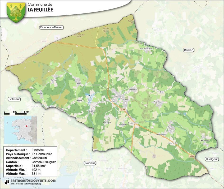 Carte de la commune de La Feuillée dans le Finistère.