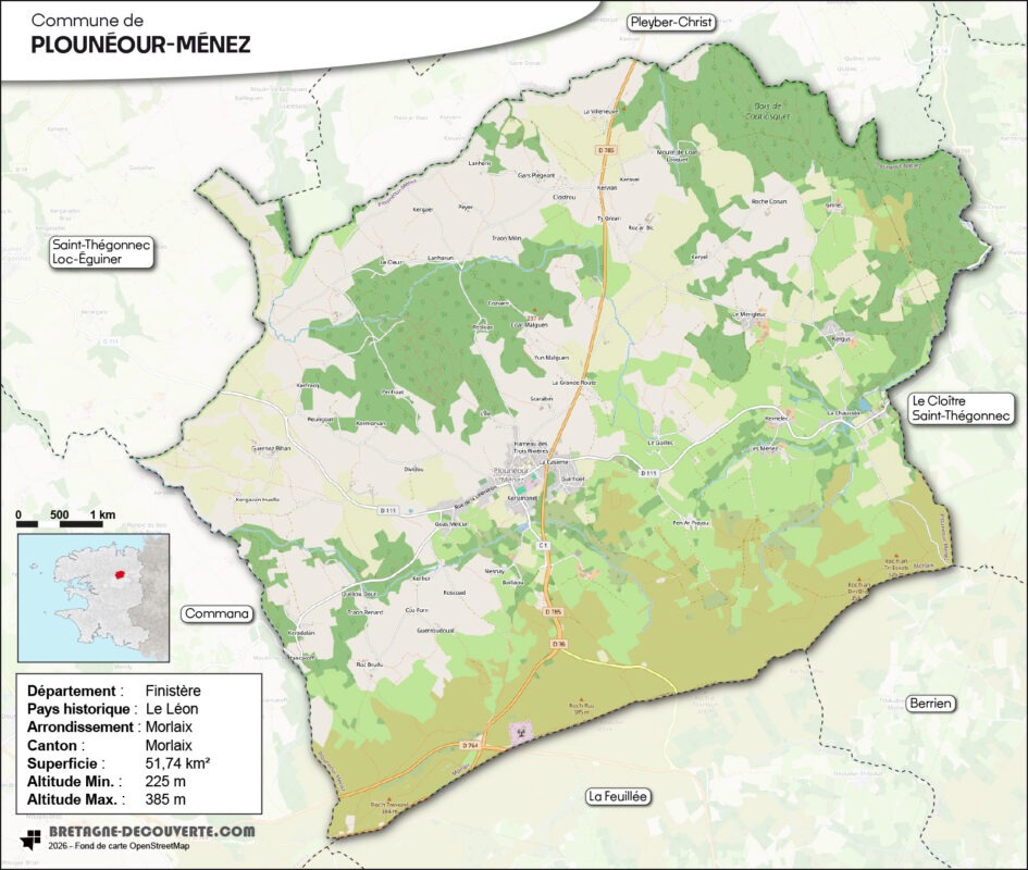 Carte de la commune de Plounéour-Ménez dans le Finistère.